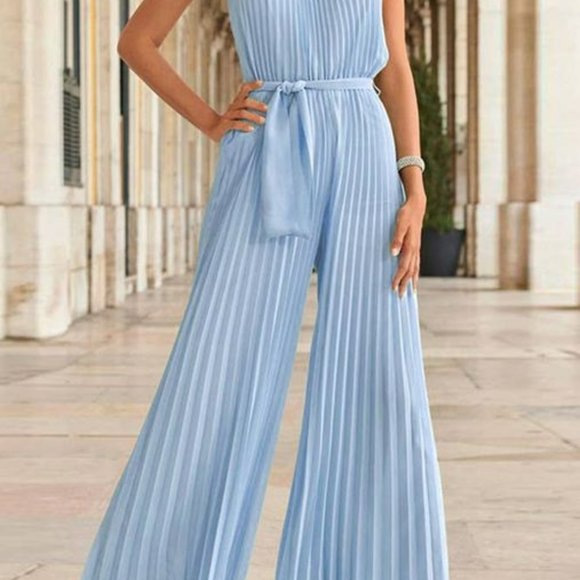 Sky Blue Long Pant Jumpsuit with Mock Halter Neck and Sleeveless - Picture 2 of 7